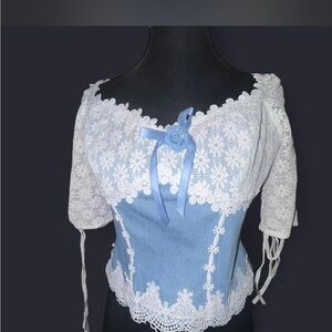 Elegant Blue and White Lace Women's Top